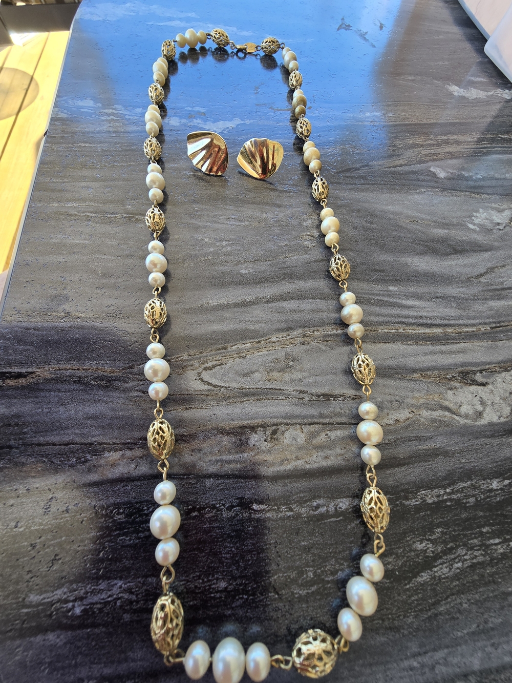 Trifari Gold &  Pearl Station Necklace with Matching Trifari Gold Shell Earrings
